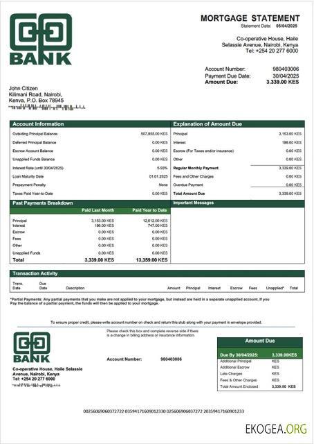 Kenya Co, modèle de relevé hypothécaire de la Banque du Kenya, modèle Word et PDF